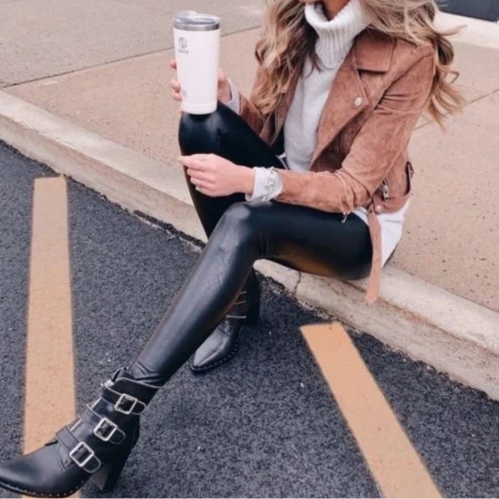 Black Vegan Leather Matte Slick Leggings - Picture 4 of 8